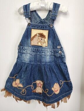 Kids Denim Overall Dress with Horse Cowboy Hat Boot Rope Embroidery - Blue, 2T